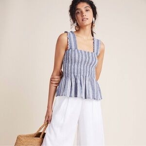 Maeve by Anthropologie Schuyler Smocked Peplum Blouse in Navy XS
